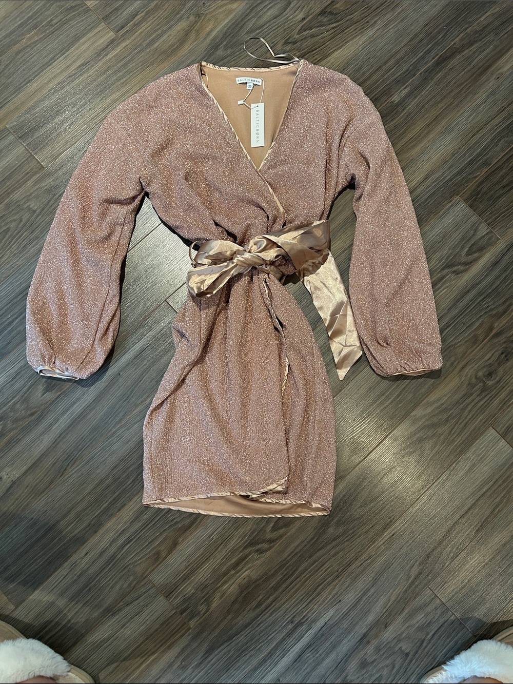Baltic Born Shimmer Wrap Mini Dress in Rose Gold